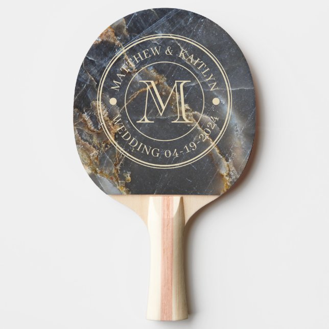Black Marble & Gold Stone Wedding Monogram Pingisracket (Framsidan)