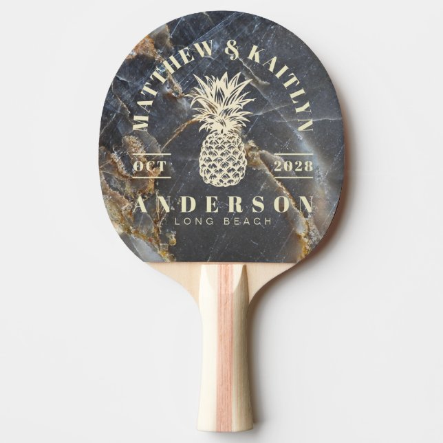 Black Marble Gold Tropical Pineapple Wedding Crest Pingisracket (Framsidan)