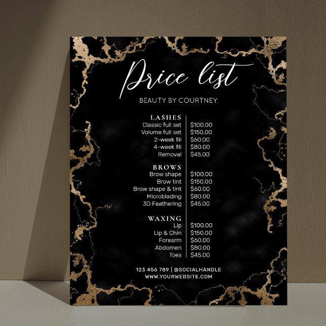 Black Marble & Guld Elegant Business Pris List Poster (Black marble and gold salon pricing menu with elegant fonts and faux gold glitter effects)