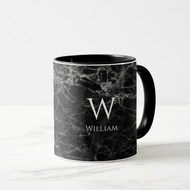 Black Marble Monogram Namn Modern White Initial Mugg (Framsida höger)