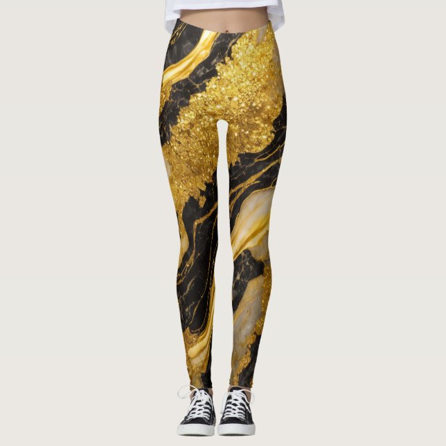 Black Marble Mönster med Guld Leggings (Framsida)