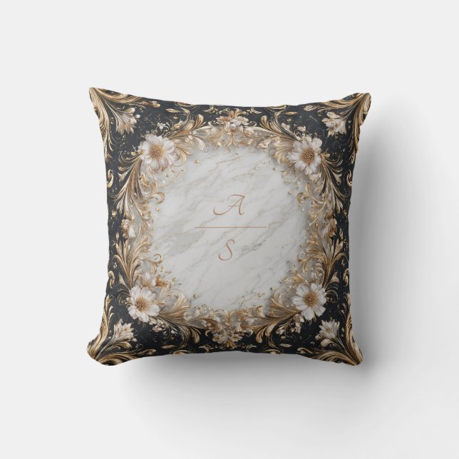 Black Marble och Guld Blommigt Bröllop Sticker Kudde (Framsida)