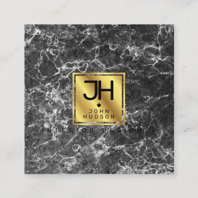 Black Marble och Guld Modern Monogram Square Busin Fyrkantigt Visitkort (Framsida)