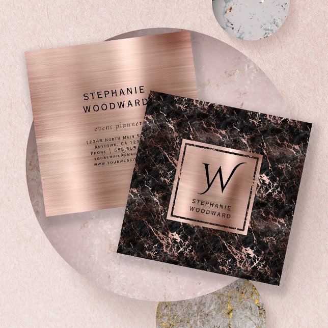 Black Marble Ro Guld Brushed Foil Monogram Fyrkantigt Visitkort (Skapare uppladdad)