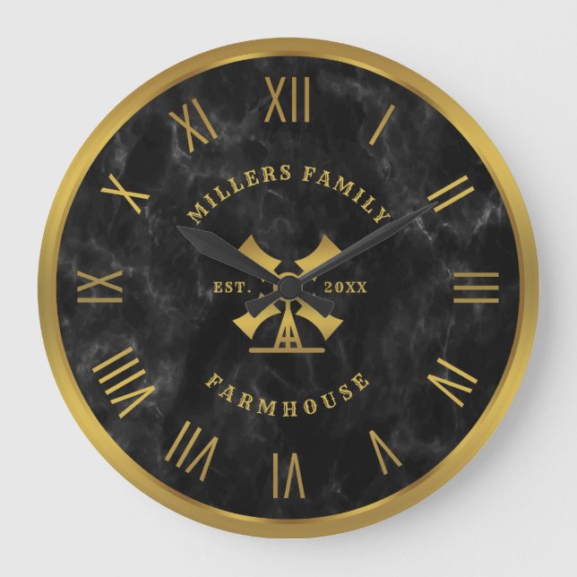 Black Marble Struktur Guld Fam House Roman Numeral Stor Klocka (Framsida)
