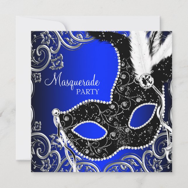 Black Mask Royal Blue Masquade Party Inbjudningar (Framsida)
