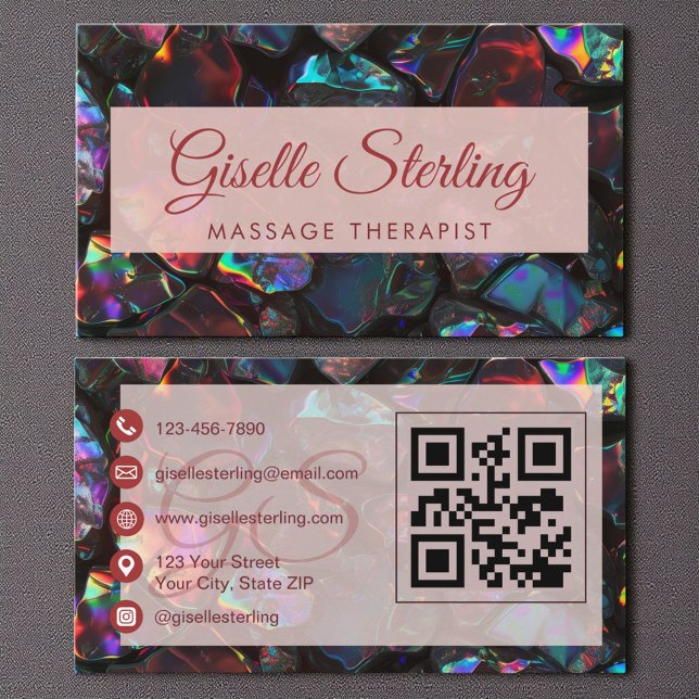 Black Massage Therapist Opal Gemstone QR- kod Visitkort (Skapare uppladdad)