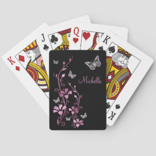 Black Mauve Silver Butterfly Blommigt Spelkort