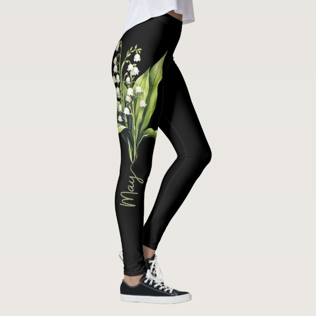 Black May Birth Flower, Elegant Lily of the Valley Leggings (Höger)