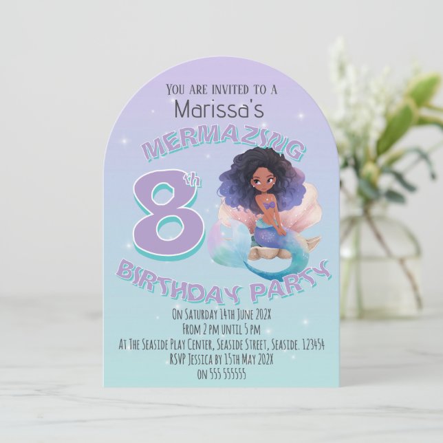 Black Mermaid Age Birthday Party Invitation Inbjudningar (Stående Fram)