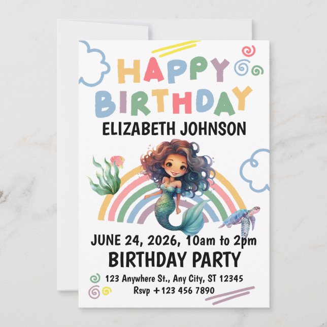 Black Mermaid Birthday Invitation in White  Inbjudningar (Framsida)