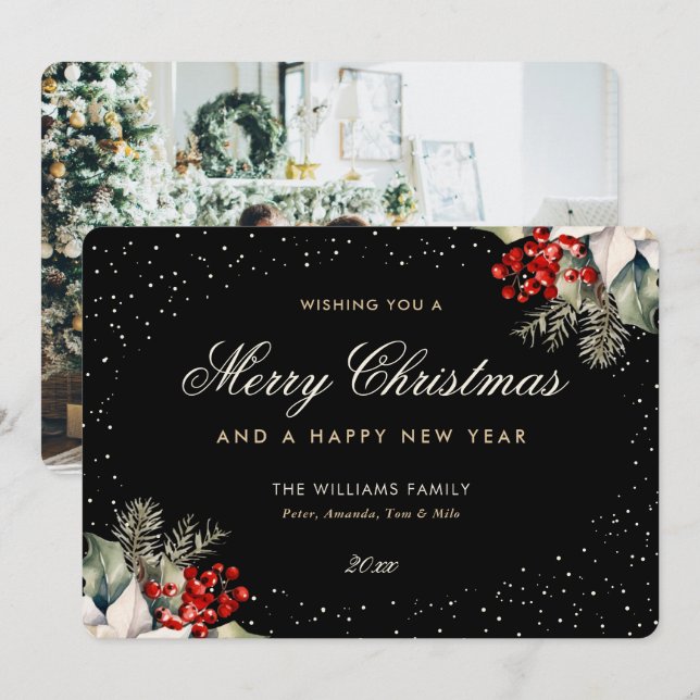 Black Merry Christmas Happy New Year Photo Julkort (Fram/baksida)