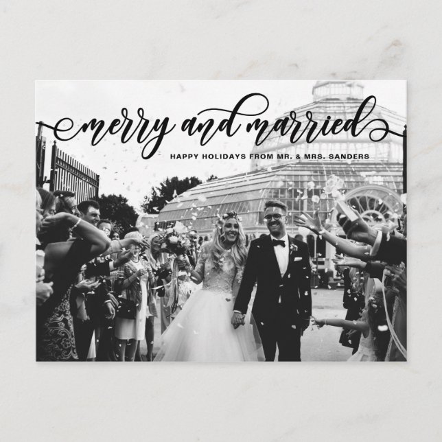 Black Merry & Married Calligraphy Bröllop Helgdag Helg Vykort (Framsida)