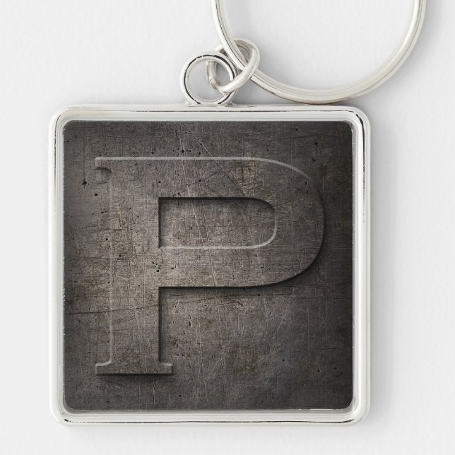 Black Metall Rustic P Monogram Keychain Fyrkantig Silverfärgad Nyckelring (Framsidan)