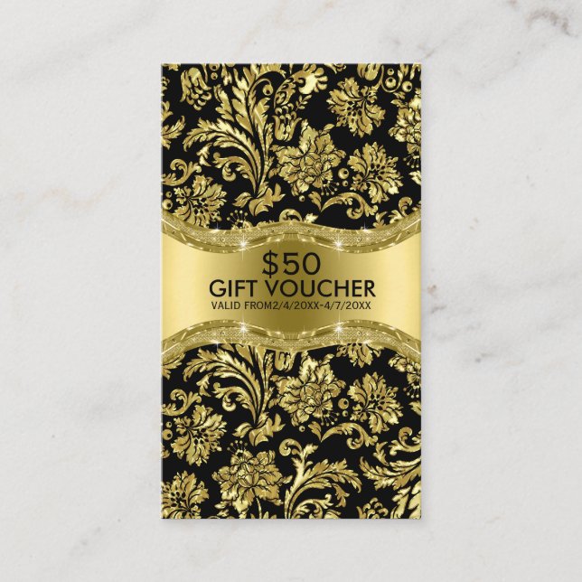 Black Metallic Guld Damask Gift Voucher Rabattkort (Framsida)