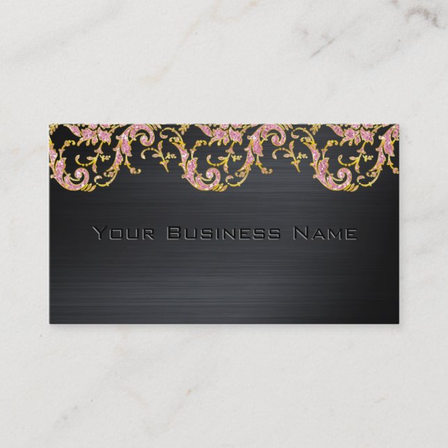 Black Metallic Rosa Glitter Damask Corporate Visitkort (Framsida)