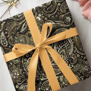 Black & Metallic Silver & Guld Blommigt Paisley Presentpapper