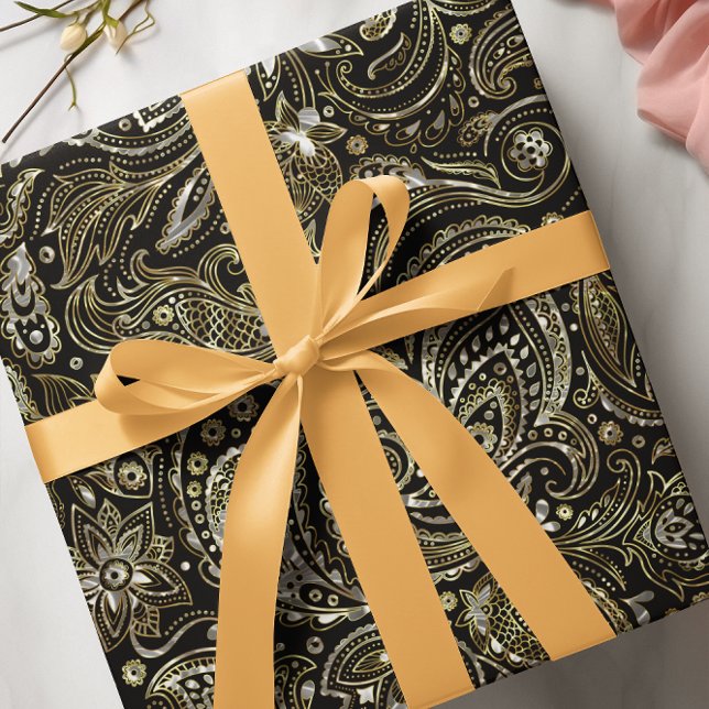 Black & Metallic Silver & Guld Blommigt Paisley Presentpapper (Skapare uppladdad)