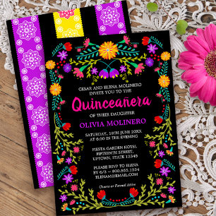 Black Mexican Fiesta Folk Art Blommigt Quinceanera Inbjudningar
