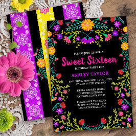 Black Mexican Fiesta Folk Art Blommigt Sweet sixte Inbjudningar
