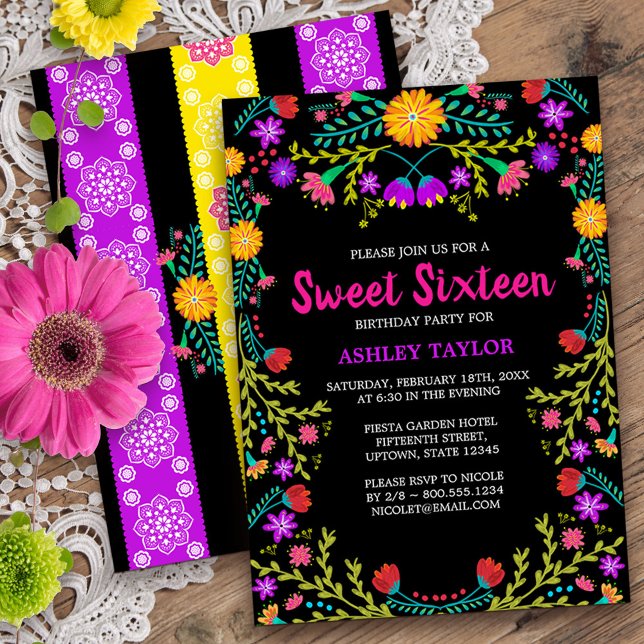 Black Mexican Fiesta Folk Art Blommigt Sweet sixte Inbjudningar (Sweet 16 invitation from my Mexican Fiesta Floral collection
)