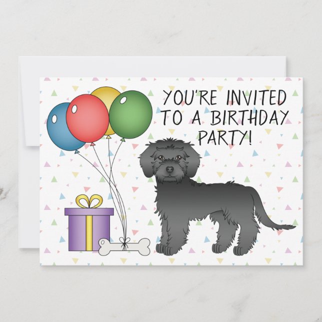 Black Mini Goldendoodle Cute Tecknad hund Birthday Inbjudningar (Framsida)