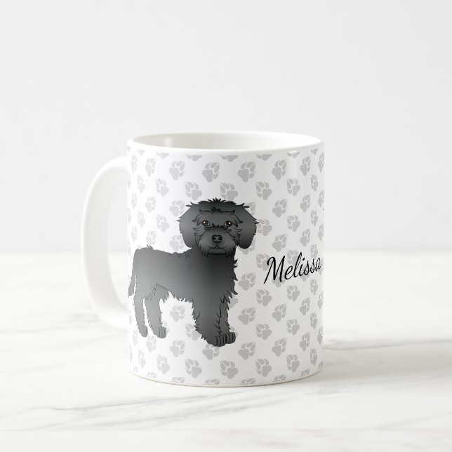 Black Mini Goldendoodle Tecknad hund & Namn Kaffemugg (Framsida vänster)