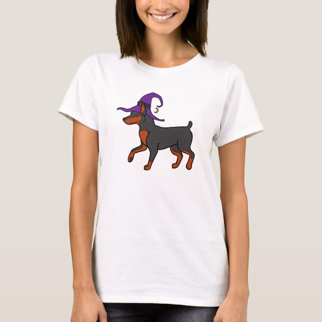 Black Miniature Pinscher med Witch Hat Tee Shirt (Framsida)