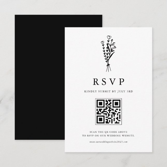 Black Minimailist Bouquet QR-kod Bröllop OSA Kort (Fram/baksida)
