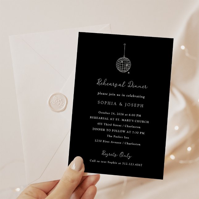 Black Minimalist Disco Boll | Rehearsal Dinner Inbjudningar (Skapare uppladdad)