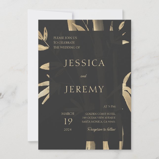 Black Minimum Bamboo Japanska asiatiska Bröllop Inbjudningar (Framsida)