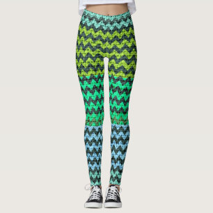 Black Mint Grönt Chevron Mönster Burlap-utseende Leggings