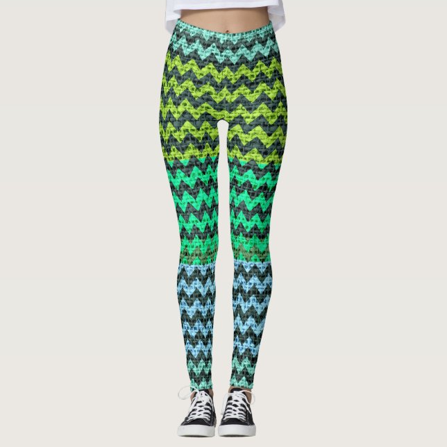Black Mint Grönt Chevron Mönster Burlap-utseende Leggings (Framsida)