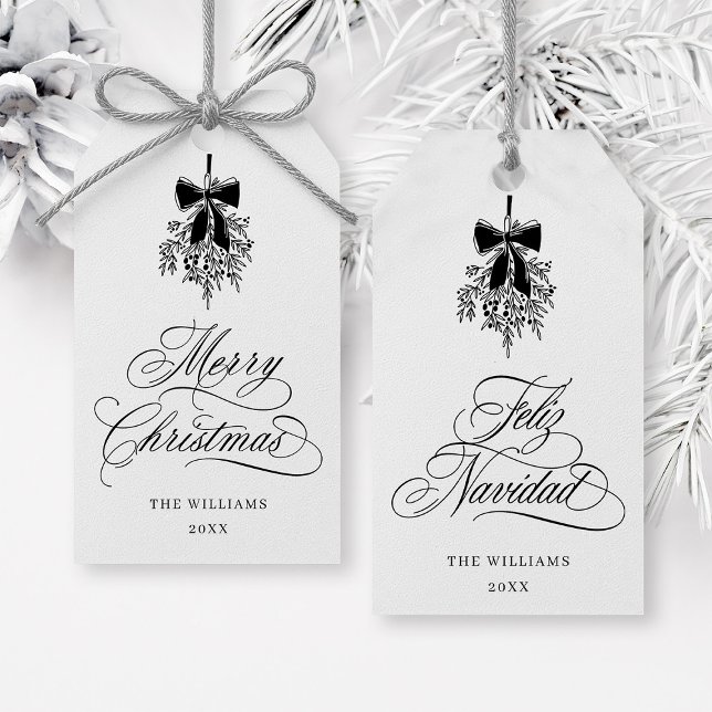 Black Mistletoe God jul | Feliz Navidad Presentetikett (Front & Back)
