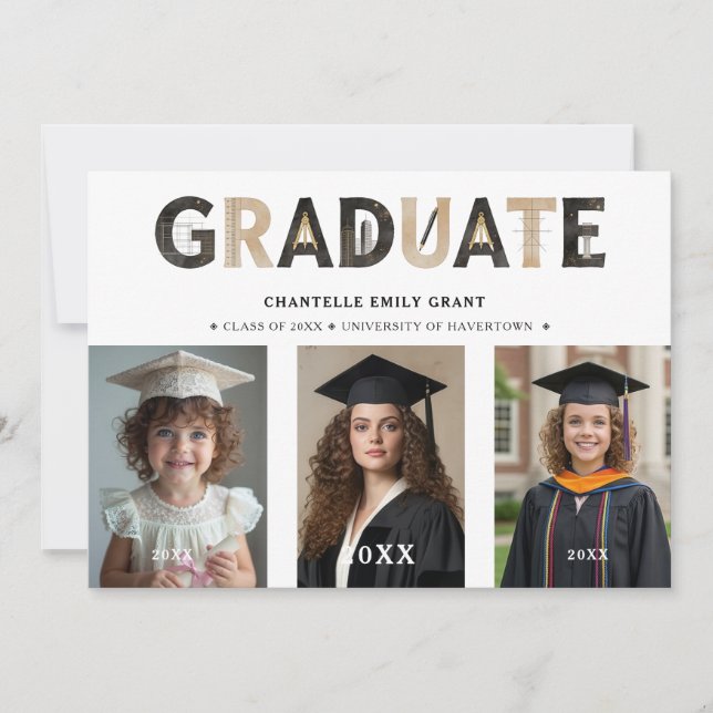 Black Modern Architecture Grad 3-Photo Timeline Inbjudningar (Framsida)