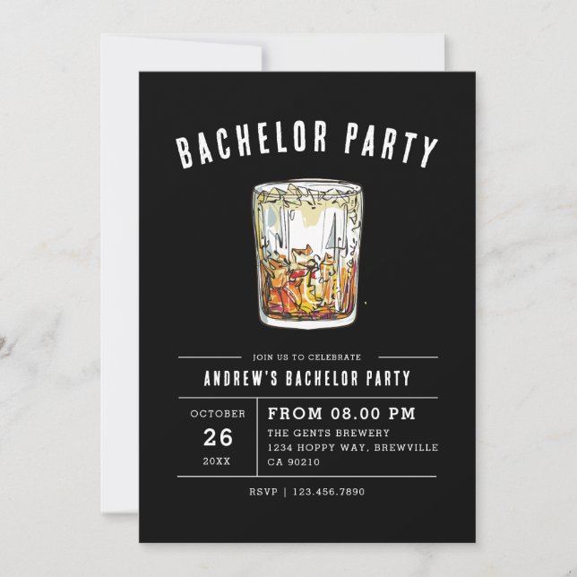 Black Modern Bachelor Party Watercolor Whiskey Inbjudningar (Framsida)