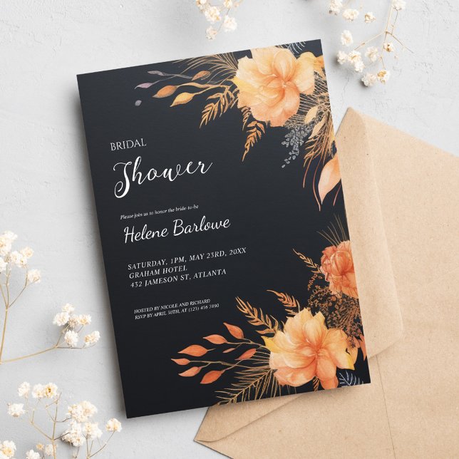 Black Modern Blommigt Möhippa Inbjudningar (Black Modern Floral Bridal Shower Invitation)