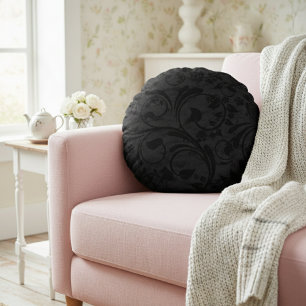 Black Modern Blommigt Velvet Rund Kudde