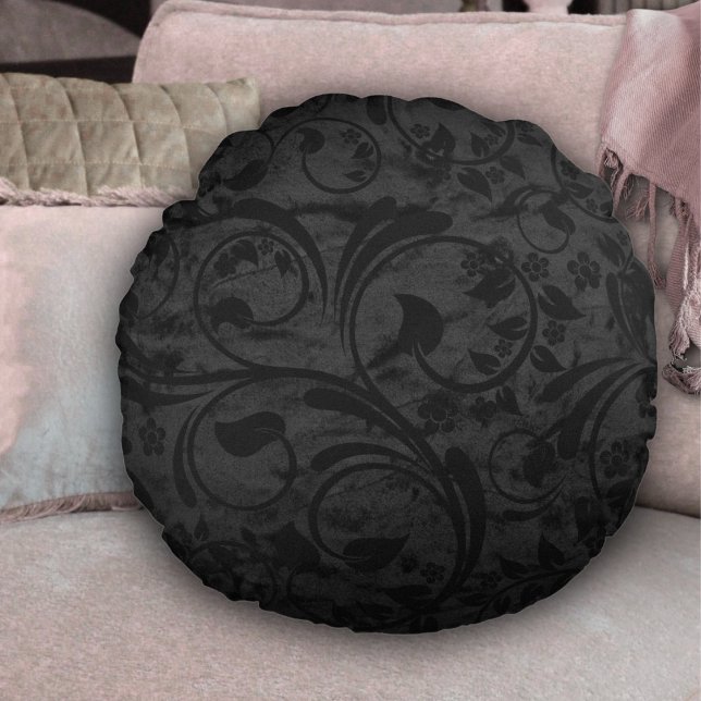Black Modern Blommigt Velvet Rund Kudde (Skapare uppladdad)