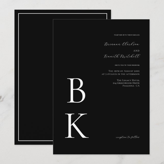 Black Modern Bold Monogram Typography Bröllop Inbjudningar (Fram/baksida)