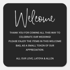 Black Modern Bröllop Välkomstpresentaffisch Bag Ba Fyrkantigt Klistermärke