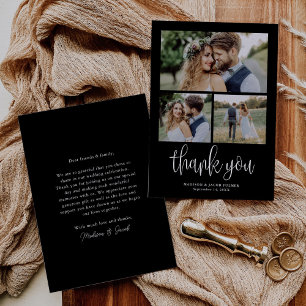 Black Modern Calligraphy Bröllop Three Photo Tack Kort