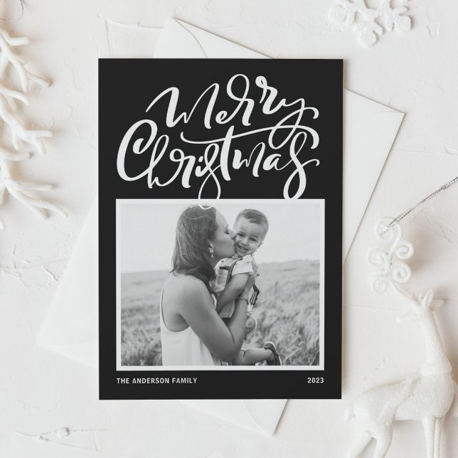 Black Modern Calligraphy Photo God jul Julkort (Skapare uppladdad)