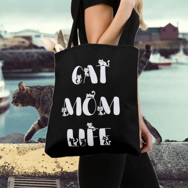 Black Modern Cat Mamma Life Cute Mors dag Tygkasse (Skapare uppladdad)