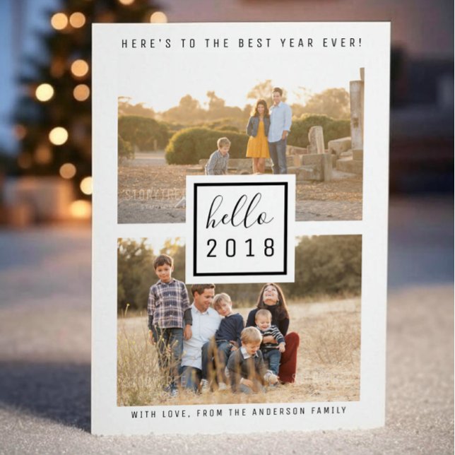 Black Modern Dubbla Photo New Year's Flat Card Julkort (Black Modern Double Photo New Years Flat Card)