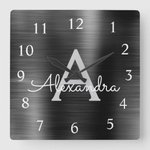 Black Modern Elegant Metallic Monogram Namn Fyrkantig Klocka