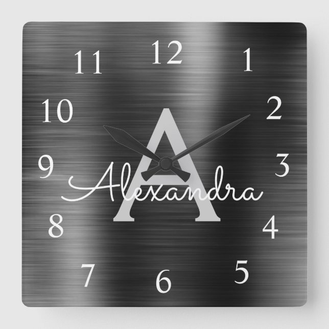 Black Modern Elegant Metallic Monogram Namn Fyrkantig Klocka (Framsida)