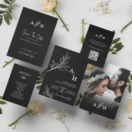 Black Modern Elegant Monogram Foliage Photo Inbjudningar