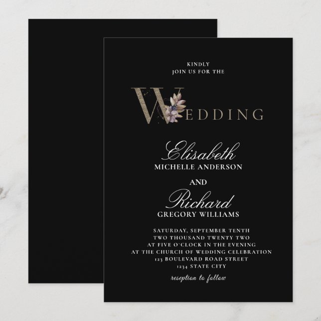 Black Modern Elegant Orchide bröllopsinbjudan Inbjudningar (Fram/baksida)