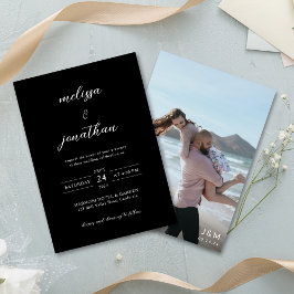 Black Modern Elegant Photo Script Monogram Bröllop Inbjudningar